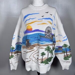 YITAI White Santa Monica Pier Beach Embroidered Sz L Crew Neck Pullover Sweater
